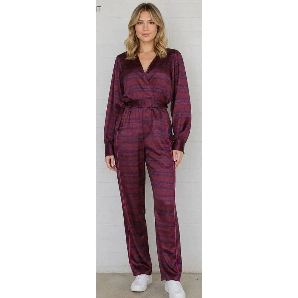 New The Odells Anthropologie Cranberry Louisa Satin Jumpsuit